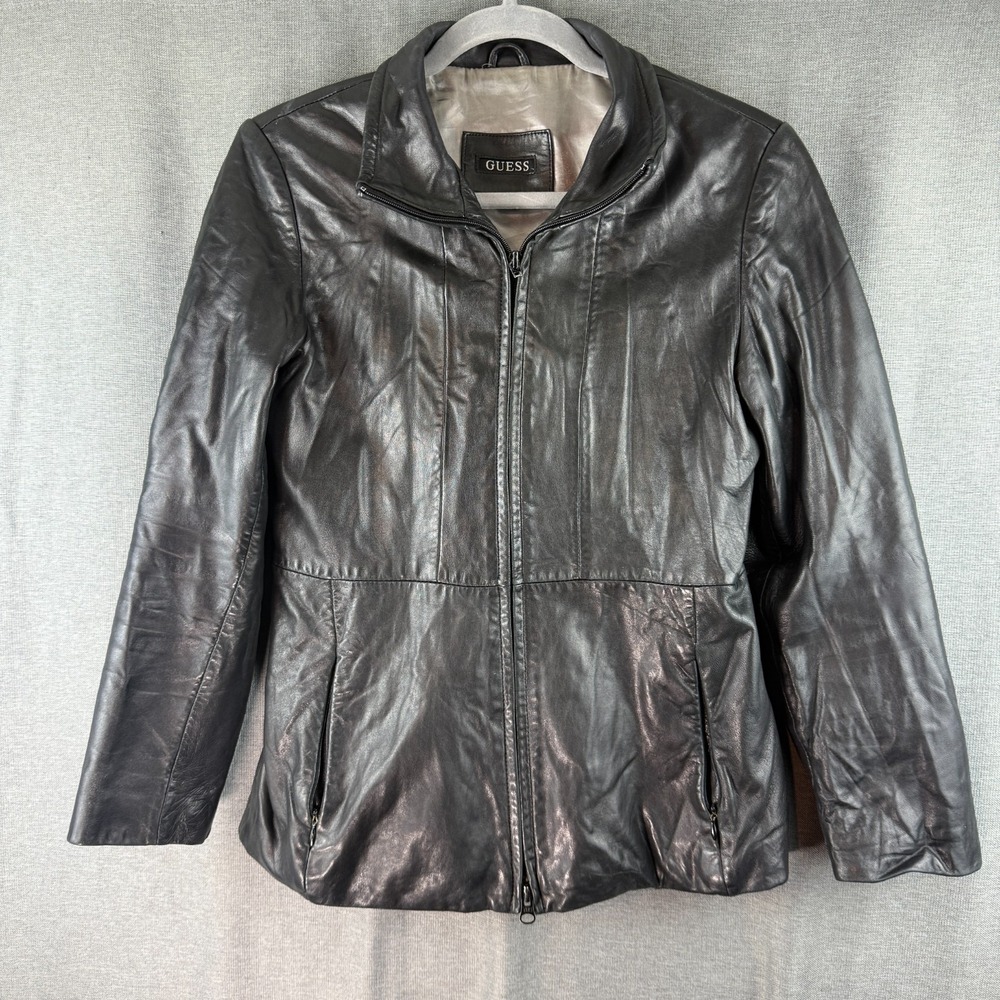 Vintage Guess Genuine Black Leather Jacket Full Zip Pockets Womens S Y2K Goth